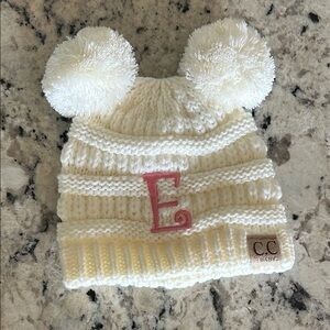 C.C Cream Knit Hat with Pom-Poms and Pink E Initial